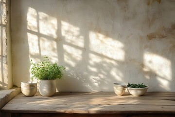 a rustic farmhouse kitchen with weathered wooden table, soft morning light streaming through window, casting delicate shadows on textured white stucco wall, fresh herbs and ceramics
