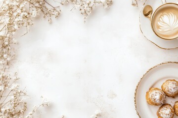 Xícara de café elegante com detalhes dourados, acompanhada de doces e decorações festivas em fundo branco, criada com IA generativa para um visual sofisticado e convidativo