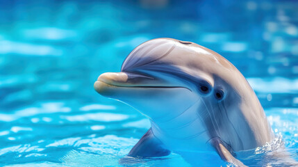 Naklejka premium realistic image of dolphin swimming in clear blue water, showcasing its playful nature and sleek body. vibrant colors create serene and joyful atmosphere