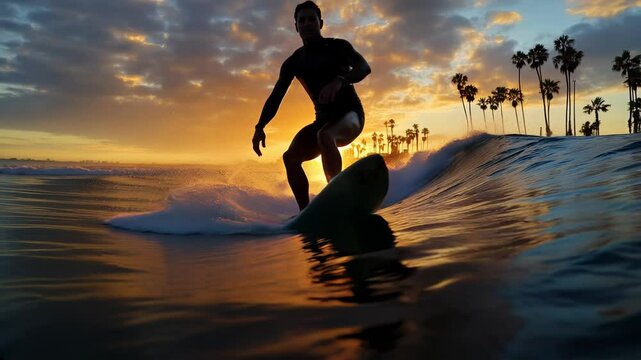 A surfer rides a wave at sunset with palm trees in the background, capturing the essence of adventure and surf lifestyle.