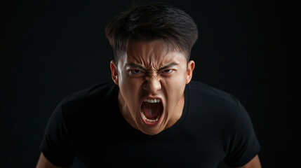 man with angry expression is shouting intensely, showcasing strong emotions in dark setting. His facial features are highlighted against black background, creating dramatic effect