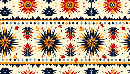 A vibrant geometric pattern featuring stars and leaves in warm colors.