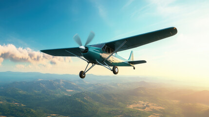 Fototapeta premium small plane flying at low elevation over scenic landscape, showcasing its wings and propeller against beautiful sky. serene atmosphere evokes sense of adventure and freedom