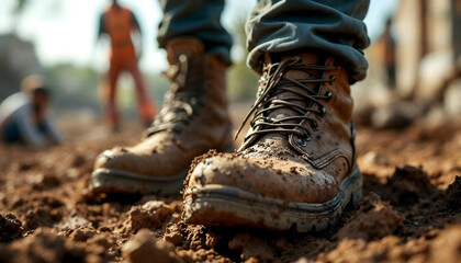A close-up of a worker’s muddy boots, showcasing endurance in harsh labor conditions.