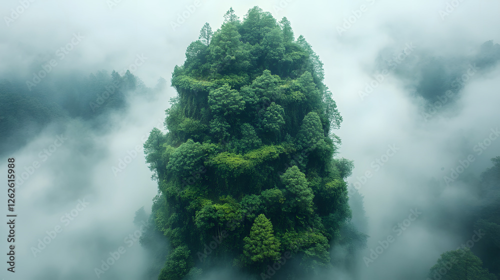 Poster lush green tree emerging from misty fog in a forested landscape