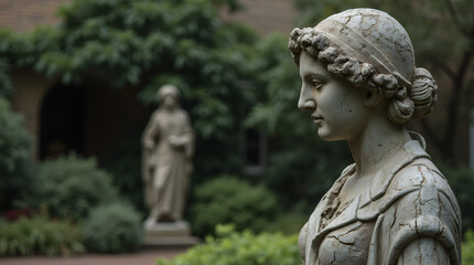 Fototapeta premium Close-up of a serene garden with two classical stone statues of women, detailed and partially covered in ivy. Lush greenery and plants surround the statues, creating a peaceful ambiance.