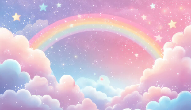 A whimsica pastel rainbow unicorn background shines with sparkling stars against a soft, pink fantasy sky. Fairy iridescent gradient backdrop. unicorn resting on a fluffy cloud with a vibrant rainbow