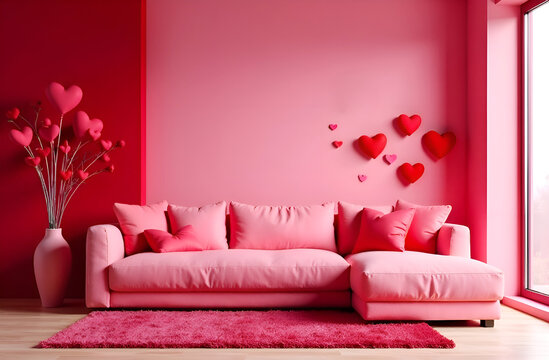 Valentine s themed living room with pink sofa red partition heart decorations on wall interior design. Selective focus