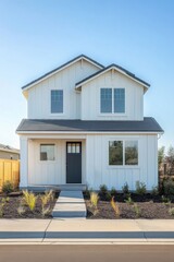 A contemporary white house stands proudly in a suburban neighborhood, surrounded by a beautifully landscaped yard under a bright blue sky during daylight hours