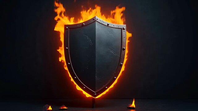 4k footage of a metal shield burning with fire on a gray background