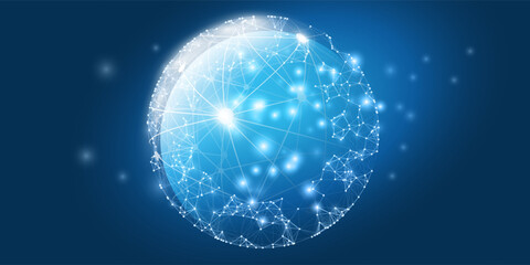 Abstract Dark Blue Futuristic Cloud Computing, Global Network Structure and Telecommunication Design Concept, World Map, Connections, Transparent Globular Geometric Polygonal Mesh, Vector Illustration © bagotaj