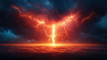Dramatic lightning strikes illuminate stormy sky above clouds, creating breathtaking and intense atmosphere. vibrant colors evoke sense of awe and power