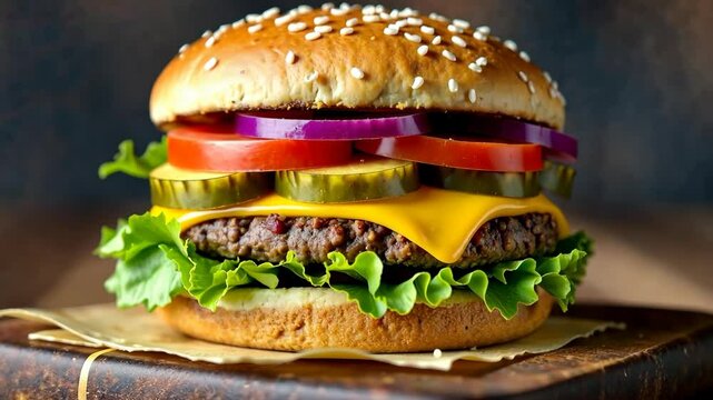 4k close-up shot of a big juicy burger on a wooden table