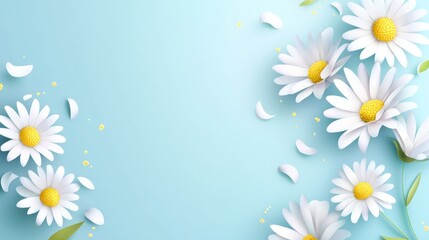Obraz premium Illustration of paper flowers with delicate daisies in blue and turquoise on a vibrant background. Perfect for spring, floral designs, and creative artistic concepts.