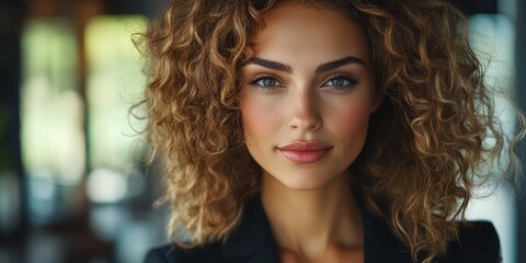 Confident woman with curly hair poses elegantly in a modern indoor setting during daytime