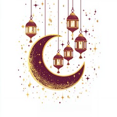 Fototapeta premium Festive Crescent Moon with Golden Hanging Lanterns and Sparkling Stars Islamic Background Design