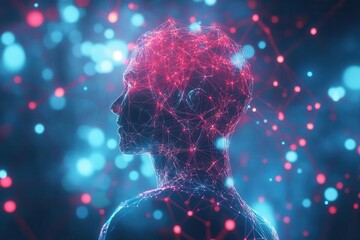 abstract network visualization, connected nodes with human silhouettes, digital glow, geometric harmony