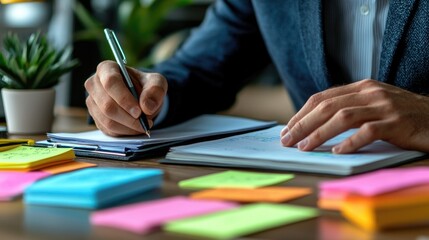 Professional brainstorming session with sticky notes and notepad