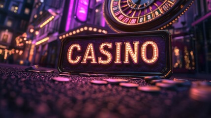 A vibrant casino sign illuminated at night, surrounded by chips, capturing the excitement of gaming and nightlife.