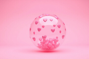 transparent sphere small pink hearts floating on pink background