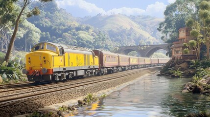 Obraz premium Scenic train travels through lush valley beneath arch bridge
