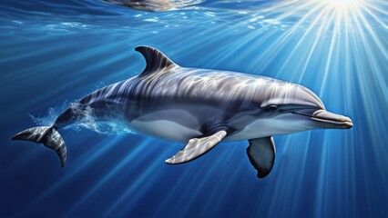 A dolphin gracefully swims underwater, illuminated by sunlight penetrating from the water&rsquo;s surface. The light rays create a magical, serene atmosphere, highlighting the beauty of marine life