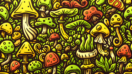 A vibrant illustration of various mushrooms amidst lush greenery.