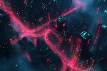 Obraz premium aerial view of a night city with neon-lit data streams connecting buildings, cyberpunk aesthetic with flowing information networks