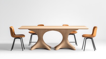 Architectural dining table and bar stools, plywood construction, arch-shaped design, light wood base, symmetrical cutouts, wooden legs, white backdrop. Ultra-Realistic, Photo Realistic, highly 