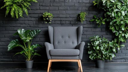 Obraz premium Gray armchair surrounded by plants in front of black brick wall. Interior design