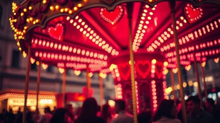 Fototapeta premium Whimsical Valentine Carousel with Illuminated Hearts and Joyful Atmosphere