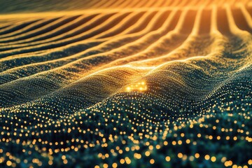 agricultural drone scanning crop field at golden hour, ai visualization overlay showing real-time data streams, precision farming technology