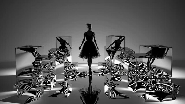 A surreal video concept featuring a silhouette of a dancer among reflective cubes. Low-angle shot enhances the abstract, futuristic style.