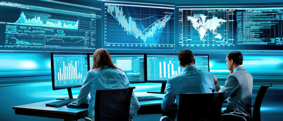 A modern workspace featuring professionals analyzing financial data on multiple screens, showcasing graphs and charts against a tech-savvy backdrop.