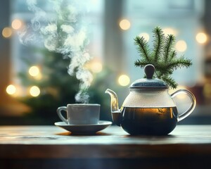 Fototapeta premium A cozy setup of tea infused with cannabis leaves on a rustic table.