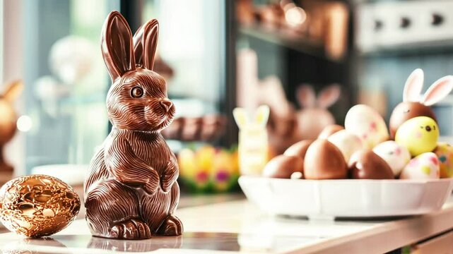 Chocolate Easter bunny and chocolate Easter eggs on counter in pastry shop. Traditional Easter sweets, Easter candy sale