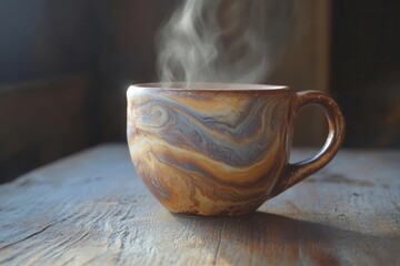 artisanal coffee cup with ethereal steam swirls, warm morning light, rustic wooden surface
