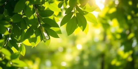 Obraz premium Sunlight Filtering Through Lush Green Leaves: Captivating image of vibrant green leaves bathed in warm sunlight, creating a bokeh effect and a sense of tranquility and peace. 