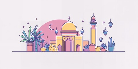 Naklejka premium Festive Islamic Mosque Night Scene Illustration Ramadan Kareem Design