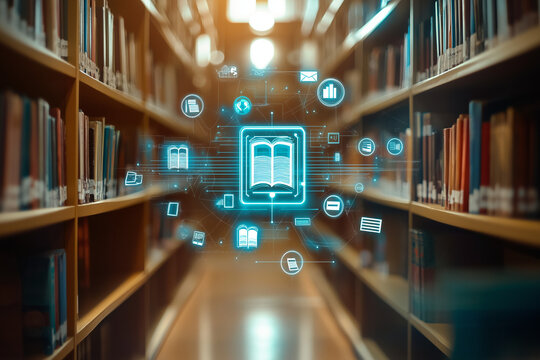 Concept of an e library with virtual icons computer