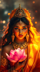 Goddess Lakshmi holding a pink lotus, radiates divine energy. Warm golden lighting illuminates her, creating a mystical and ethereal atmosphere