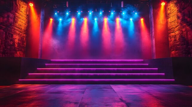 Dynamic Debate Stage with Vibrant Lighting Students Developing Public Speaking and Critical Thinking Skills