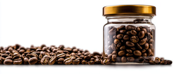 Obraz premium A glass jar filled with coffee beans sits among scattered beans, highlighting the rich texture and color of the coffee.