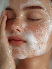 Close-up of woman's face with eyes closed, gently washing her skin in white soap foam.