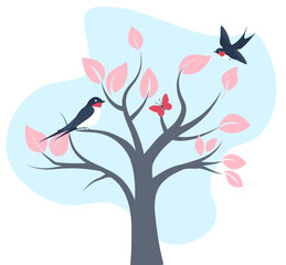 Colorful spring tree with birds and butterflies against a blue sky background in a beautiful vector illustration