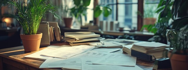 Fototapeta premium Financial Documents Tax Planning Office Desk Plants Sunlight