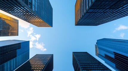 A stunning view of skyscrapers from below against a clear blue sky, perfect for illustrating urban life, architecture, or business themes in presentations, articles, and marketing materials,