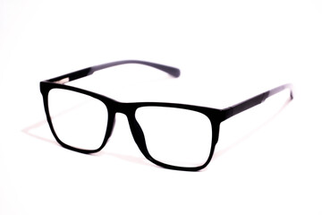 Black eye glasses Isolated on a white background. Frame, myopia glasses, optical glasses. Glasses with transparent lenses