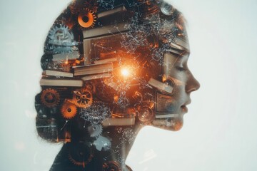 conceptual double exposure of human profile filled with interconnected gears, books, and floating mathematical equations