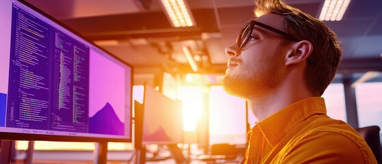 A focused programmer gazes at code on a screen, illuminated by a warm sunset, symbolizing creativity and technology in a modern workspace.
